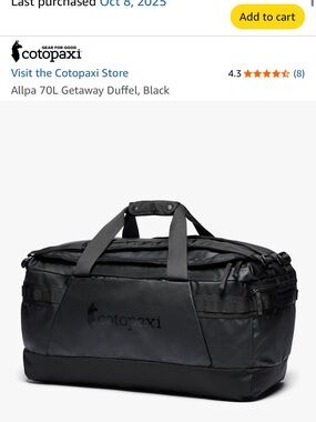 cotopaxi Black Allpa 70L Travel Duffel Bag